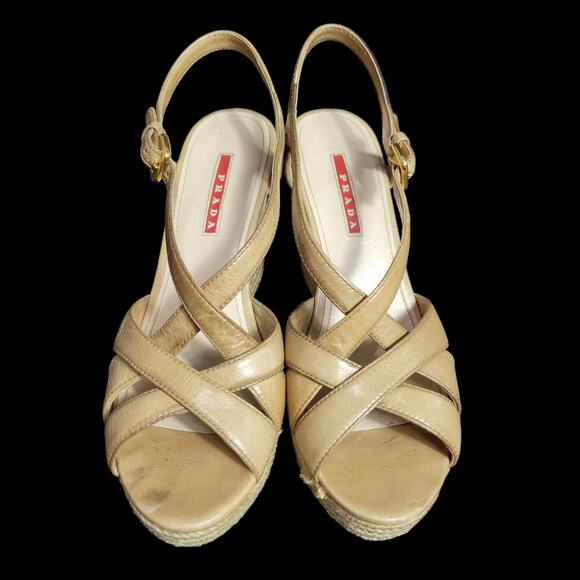 Prada Platform Sandals Tan Leather Chunky Cork Espadrille Wedge Heel Open 39.5 - Picture 15 of 15